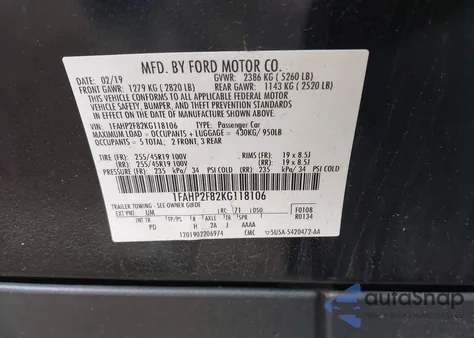 2019 Ford Taurus Limited z USA, uszkodzony, nr VIN 1FAHP2F82KG118106